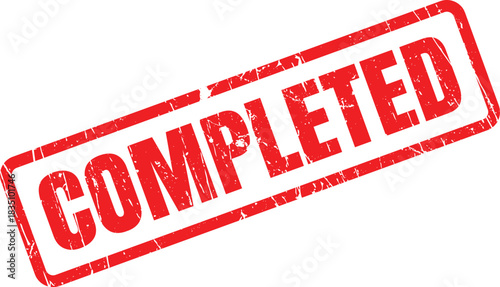 Red completed stamp with grunge effect signifies task closure or project finalization on transparent backdrop