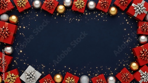 Festive Christmas frame with gift boxes and ornaments on dark blue background