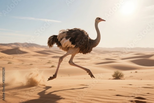 Fototapeta Naklejka Na Ścianę i Meble -  Ostrich running across sandy desert dunes under bright sunlight
