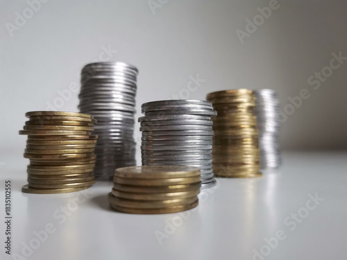 Copper and silver coin piles on white background