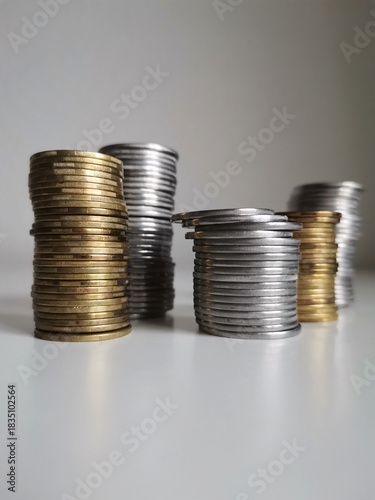Silver and copper coins stacks on white background