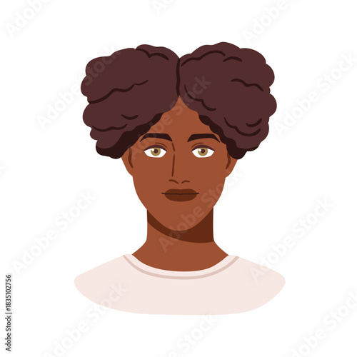 African-American man, face avatar, head portrait. Male character with afro hair curls, hairstyle. Black person user profile, calm neutral look. Flat vector illustration isolated on white background