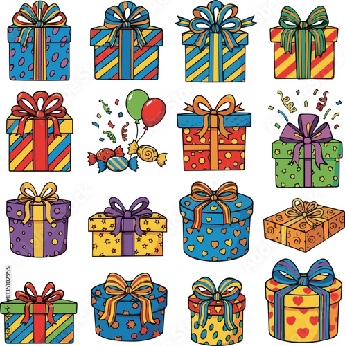 Create kinds of Birthday gift box elements clipart set. Colorful gift boxes drawing clip art with multi colored ribbon tie and cute pattern decoration collection vector illustration.