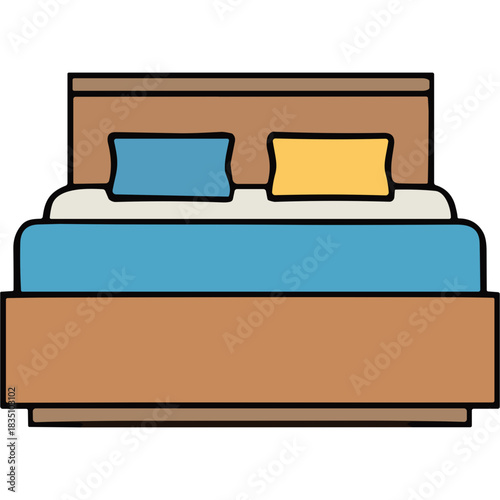 Simple Cartoon Bed With Blue And Yellow Pillows On White Sheets And Blue Blanket On A Wooden Frame Perfect For A Bedroom Illustration