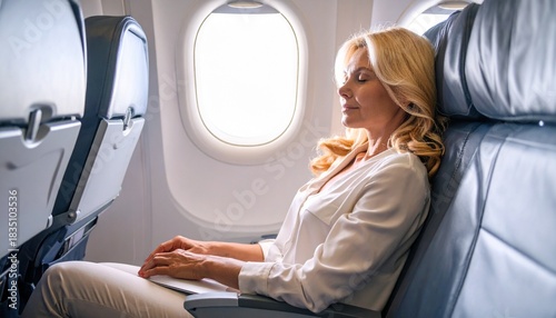 Femme dormant en classe économique dans un avion