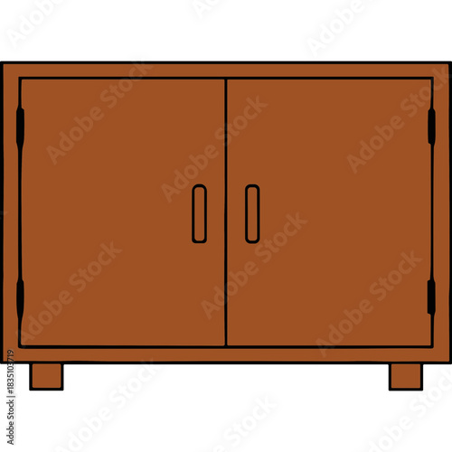 Simple brown wooden cabinet with two doors and two handles set against a black background with black outlines and a clean aesthetic perfect for minimalist interiors and modern decor illustrations.