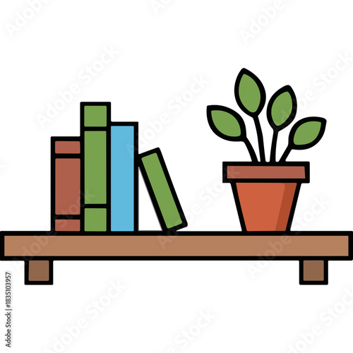 Simple Brown Wooden Shelf Displaying Four Colorful Books and a Potted Green Plant With Brown Pot on a Black Background Flat Design Style