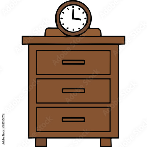 Simple brown wooden three drawer nightstand with a white analog clock on top set against a black background with a minimalist style