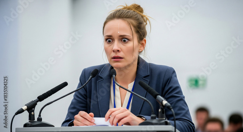 Nervous shy female lecturer standing behind podium with microphones to address audience. Speaker has fear and anxiety before public speaking and events, agitated mental state