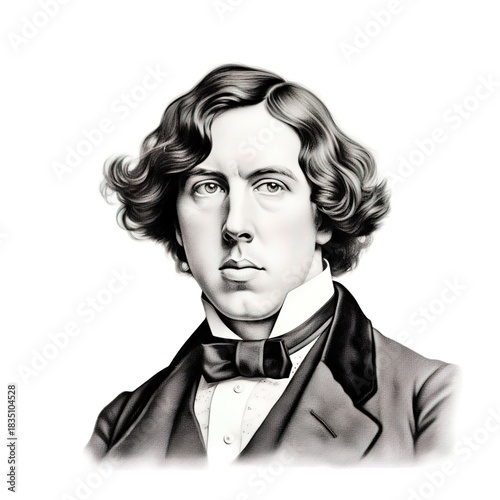 A vintage ink engraving print of a full-face headshot portrait of Oscar Wilde wearing a bowtie against a pure white background with copy space - Generative AI