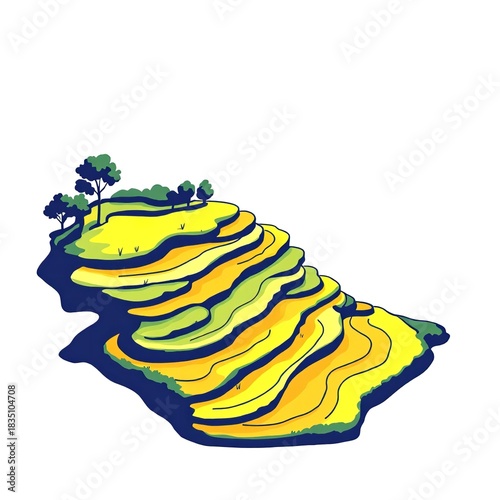 Illustration of terraced fields with yellow and green crops and trees on a white background