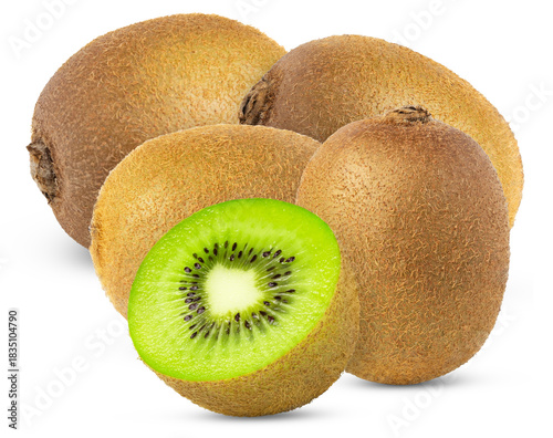 Ripe whole green kiwi fruits and half isolated.Four kiwis and cut in a half with clipping path.