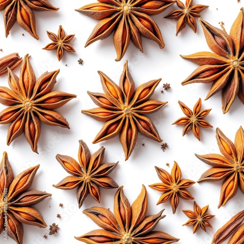 A pattern of star anise spices scattered on a white surface in a top down close up view image