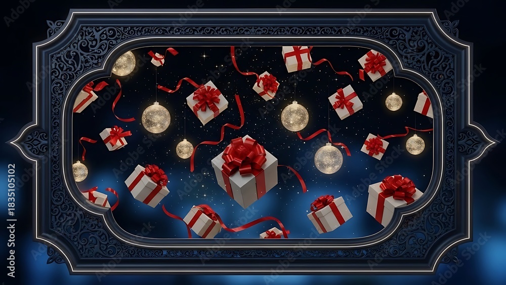 Obraz premium Festive gifts and glowing ornaments in a decorative frame