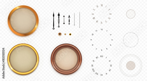 Vintage clock face constructor set isolated on transparent background. Vector realistic illustration of old round watch details, golden dial frame, elegant black hands, roman and arabic time numbers