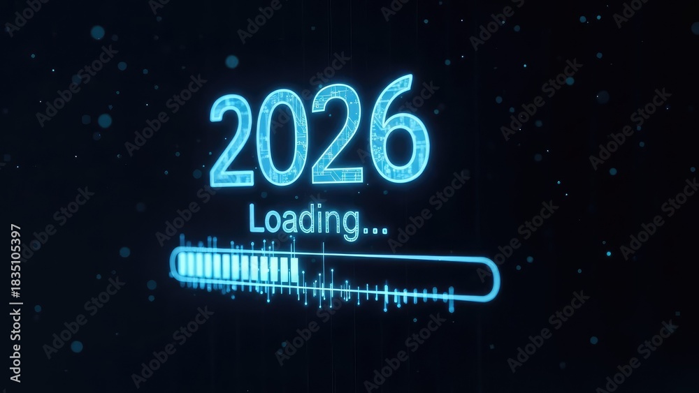 Naklejka premium 2026 Loading Progress Bar on Dark Background with Glowing Blue Text.