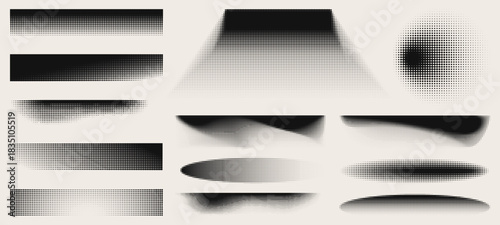 Abstract halftone shapes set isolated on background. Vector illustration of gradient dot frames with shadow effect, grainy noise texture, faded black stipple pattern, geometric dotwork elements