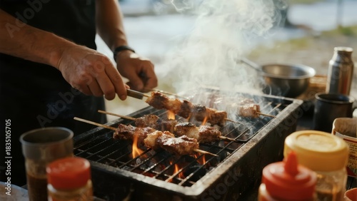 Person grilling meat skewers on a barbecue grill with smoke rising and various condiments nearby
