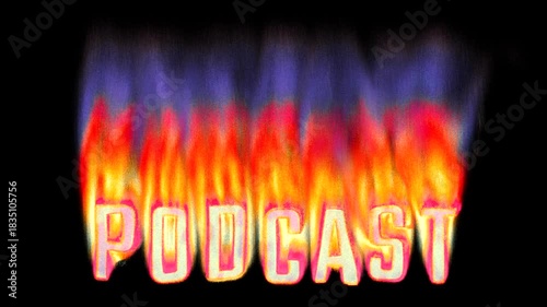Animated heat map Podcast text title burning in pixelated retro-styled fire flames on a transparent alpha channel in a seamless loop.