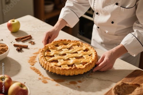 Chef presenting a freshly baked lattice-top apple pie on a kitchen counter with ingredients nearby