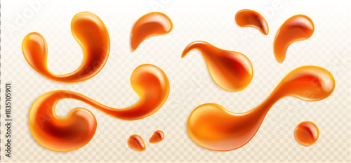Caramel syrup drips set isolated on transparent background. Vector realistic illustration of sweet liquid toffee splash, peanut butter or maple sauce stains, 3d candy drops, honey topping for dessert