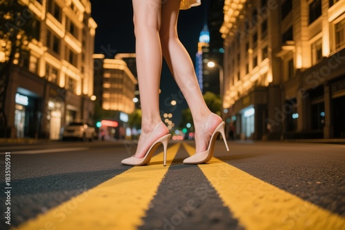 Close-up of woman's legs in high heels standing on a city street at night