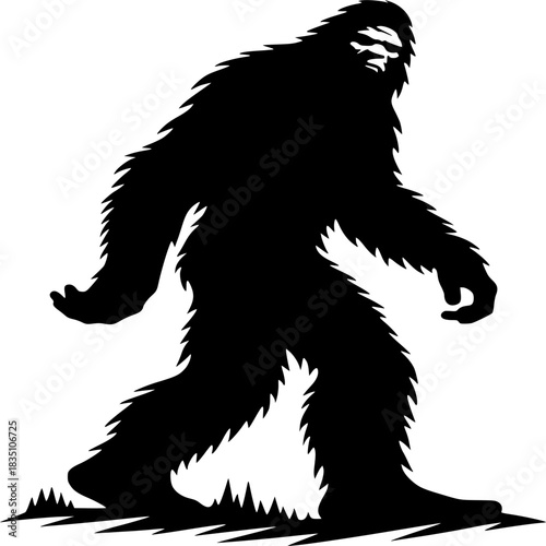 The Enigmatic Footprints: A silhouetted rendering of a sasquatch strides purposefully forward, shrouded in an air of mystery.