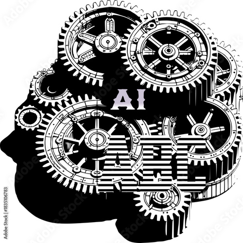 Mechanical Mind: A symbolic depiction of Artificial Intelligence, illustrated with interconnected gears, signifying the complex mechanisms of thought and computation.