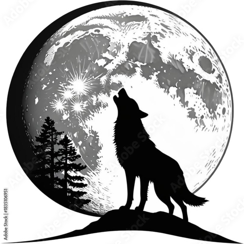 Serenade Under the Moon: A lone wolf silhouette sings a haunting melody under a brilliant moonlit sky. Evoking a sense of wilderness, freedom, and the captivating call of the wild.