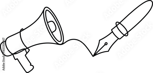 Megaphone and fountain pen one line art, communication concept Vector