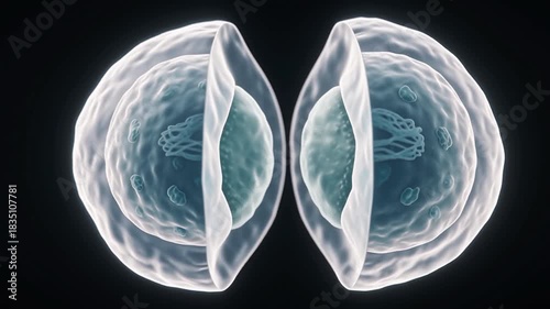 Scientific visualization of the division of a cell into two parts. A biological miracle. Animated cell division with chromosome displacement.