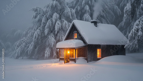 Cozy snow covered cabin with warm light glowing offers winter escape, perfect peaceful Christmas holiday scene, inviting retreat, serene, picturesque