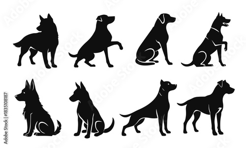 Silhouette set of various dog breeds in dynamic poses, clean black shapes on white background. Dog silhouettes, dog set, animal icons, pet shapes, dog collection