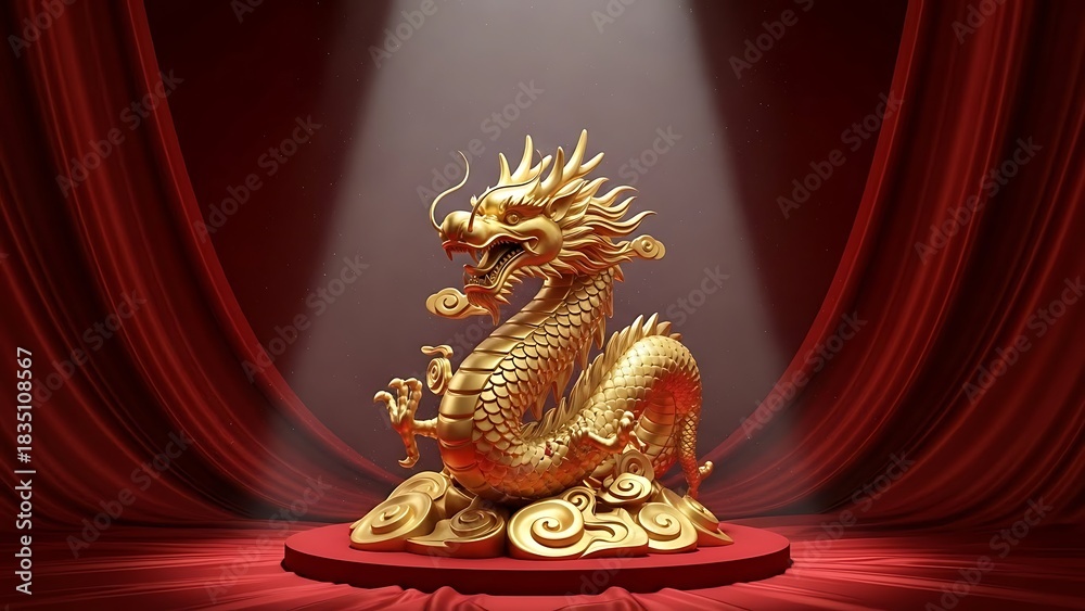 Fototapeta premium Golden dragon statue on red velvet stage with spotlight illumination