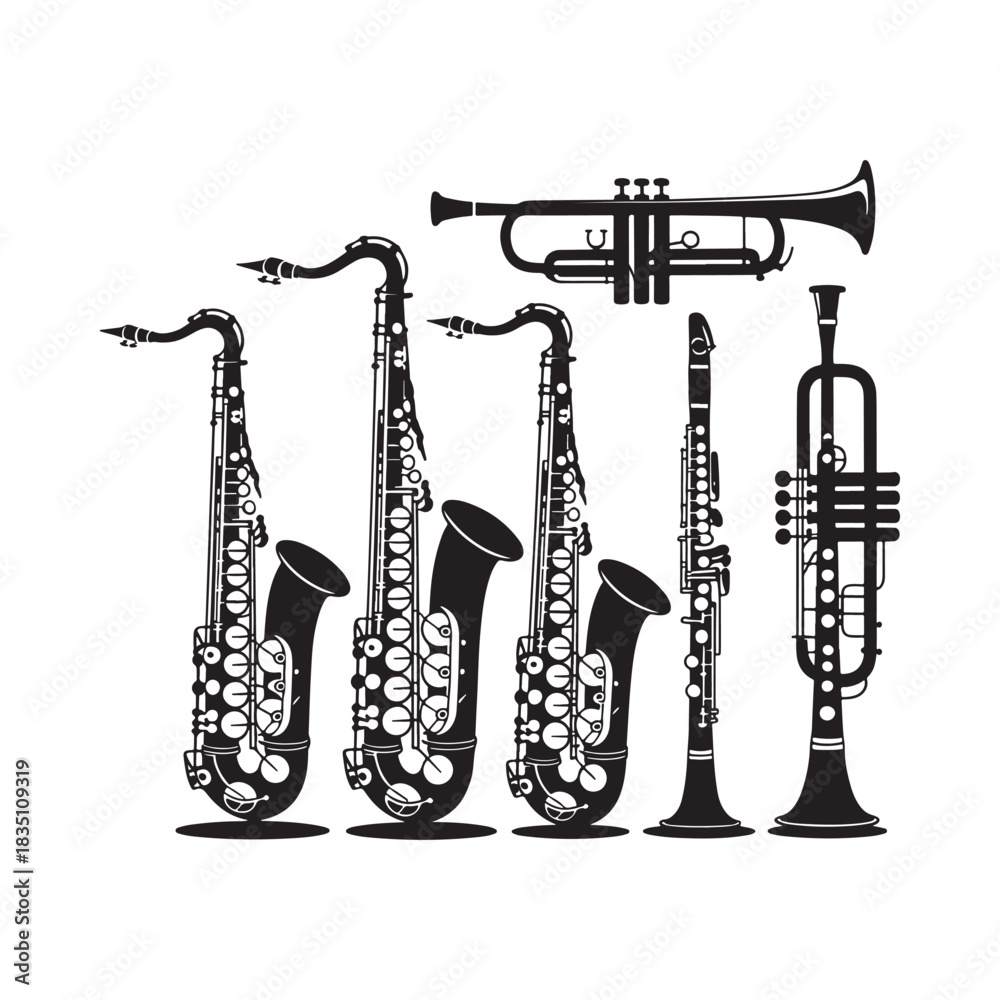 Naklejka premium Set of Black Musical Instruments Vector Illustration