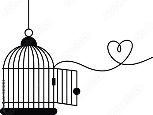 Open birdcage with heart line symbolising freedom and love design Vector