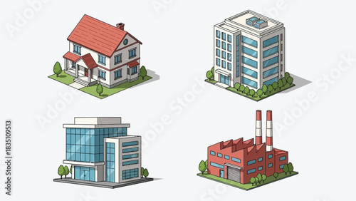 Set of Isometric Buildings, Includes House, Modern Office, and Factory Icon Collection