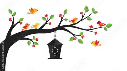 Spring Tree with Birdhouse and Cute Birds, Nature, Floral, and Happy Animal Vector Illustration