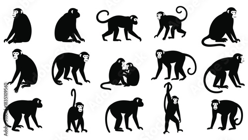 Set of Monkey and Ape Silhouettes in Various Poses, Wild Animal, Zoo, and Fauna Vector Illustration