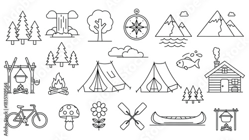 Minimalist Camping and Outdoor Line Art Icon Set, Nature, Hiking, and Adventure Graphic Element Collection
