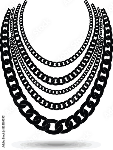 Black silhouette of multiple layered chain necklaces with a shadow effect on a white background jewelry