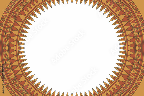 Traditional African tribal geometric round border design featuring sharp sawtooth edges and symmetrical warm earth tones in rich terracotta and tan, providing a dynamic ethnic frame template backgroun