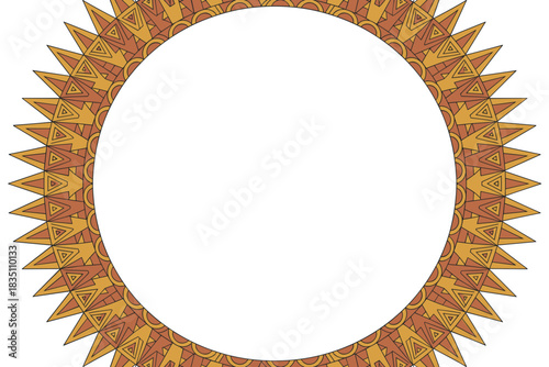 Decorative circular sunburst frame border featuring intricate ethnic tribal patterns and detailed geometric designs, colored in vibrant warm earth tones including orange, rust, and mustard yellow, ide
