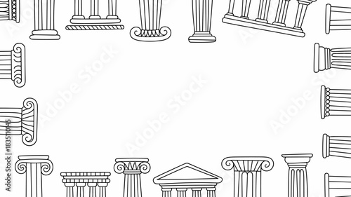 Stylized outline illustration of diverse classical Greek and Roman columns, pillars, and pediments creating a decorative architectural line art frame, perfect for history education, legal documents, p