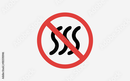 Prohibition sign warning against steam, heat, or vapor, featuring three black wavy lines crossed out by a red diagonal slash within a bold circle, illustrating restricted areas for gas, odor, and airb