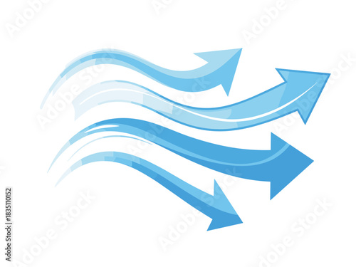 Dynamic directional blue arrows flowing forward abstract vector illustration symbolizing accelerated movement, rapid progress, data stream, air current, or technological cooling ventilation system gra