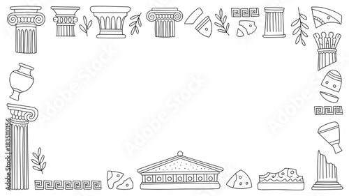 Ancient Greek and Roman historical relics, outlining a doodle frame template featuring classical architectural ruins, broken amphora vases, column capitals (Ionic, Doric), meander patterns, and archeo
