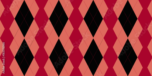 A bold and dynamic seamless argyle pattern featuring large geometric diamond shapes in alternating rich burgundy red, light coral peach, and deep black colors, designed as a classic repeating textile