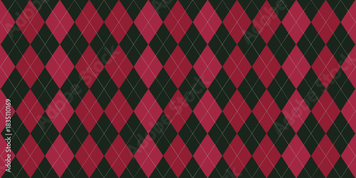 Classic traditional seamless argyle background pattern featuring deep hunter green and dark magenta red rhombus diamonds, overlaid with fine white lines, ideal graphic resource for winter fashion text