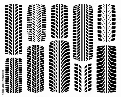 A large vector collection of diverse car tire tread patterns and rubber silhouettes, featuring high-traction, off-road, and racing designs, ideal graphic resource set for automotive industry branding,